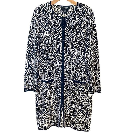 Colette Mordo for Sadimara Sweaters - Colette Mordo Sadimara Sz M Black White Jacquard Knit Midi Button Sweater Jacket